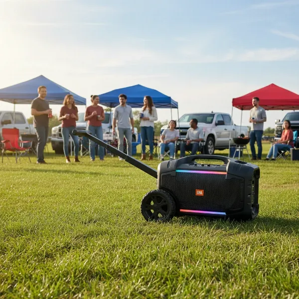 JBL PartyBox 310 speaker being rolled outdoors with its telescopic handle and wheels.