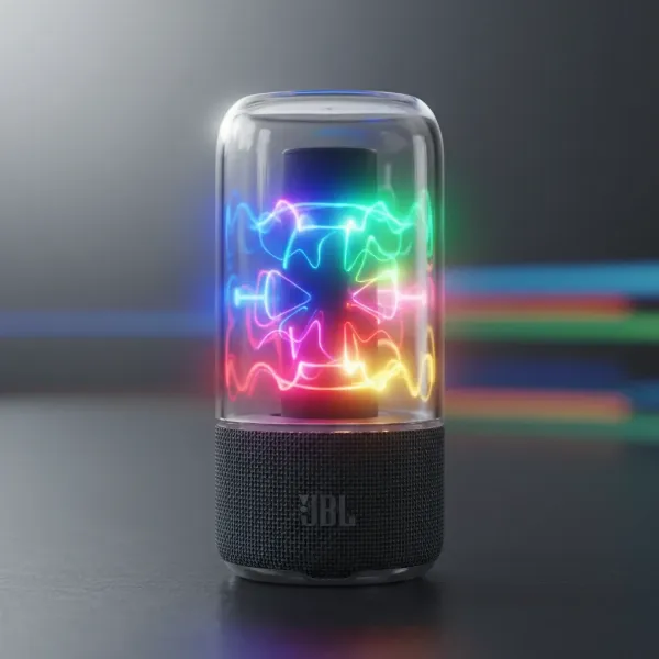 JBL Pulse 5 speaker glowing with dynamic 360-degree LED light show in a dark setting.