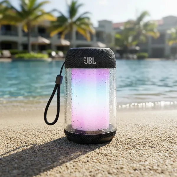 JBL Pulse 5 speaker, cylindrical design, showing its waterproof and dustproof features outdoors.