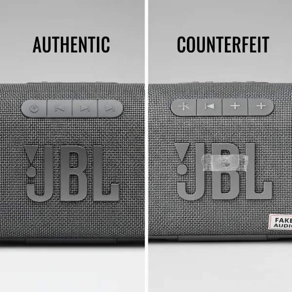 Side-by-side comparison of authentic and counterfeit JBL Bluetooth speakers, highlighting differences in logos, buttons, and material quality.