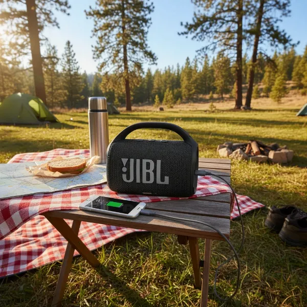 JBL Xtreme 4 speaker acting as a power bank, charging a smartphone, emphasizing its extended battery life.