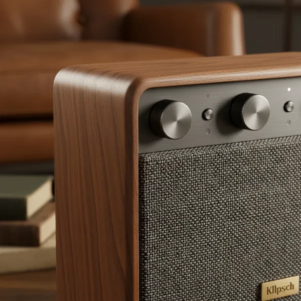 Close-up of Klipsch Heritage Groove's wood veneer, tweed fabric, and metal controls, emphasizing quality.