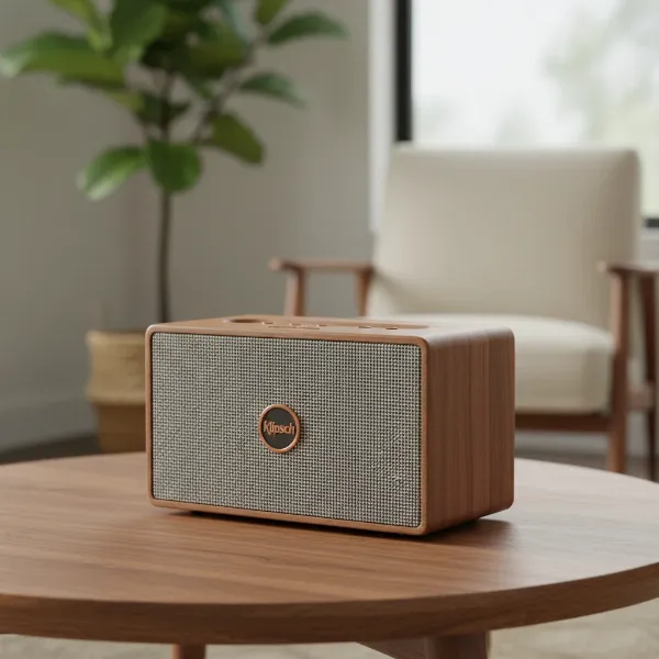 Klipsch Heritage Groove portable speaker with mid-century modern design in a stylish indoor setting.