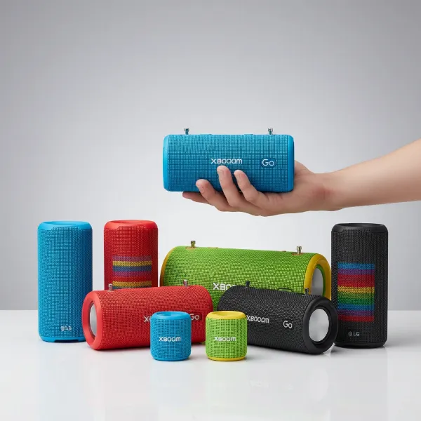 A collection of LG XBOOM Go portable Bluetooth speakers in various sizes and colors, showcasing their sleek design.