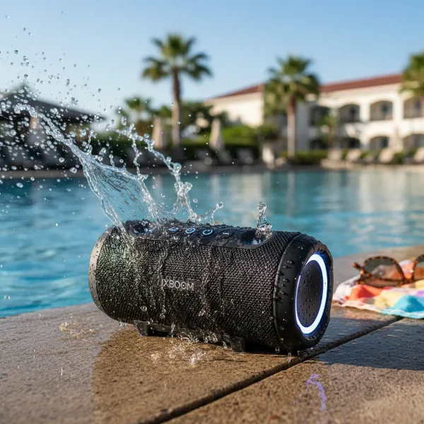 An LG XBOOM Go speaker splashing water by a swimming pool, demonstrating its waterproof capability.