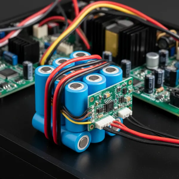 Close-up of lithium-ion 18650 battery cells wired to a Battery Management System.
