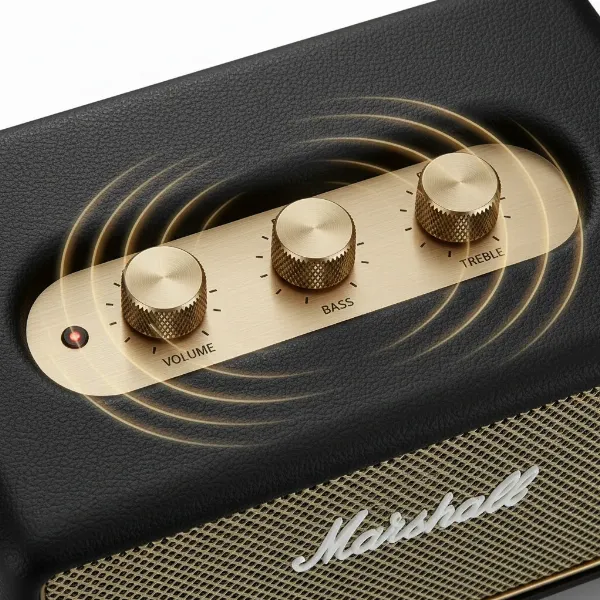 Top panel of Marshall Kilburn II showing tactile analog knobs for volume, bass, treble.