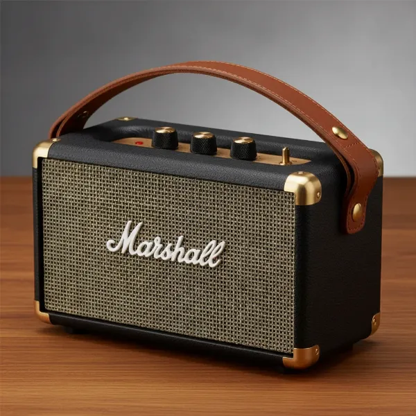 Marshall Kilburn II speaker with vintage design, rugged vinyl, iconic grille, and carrying strap.
