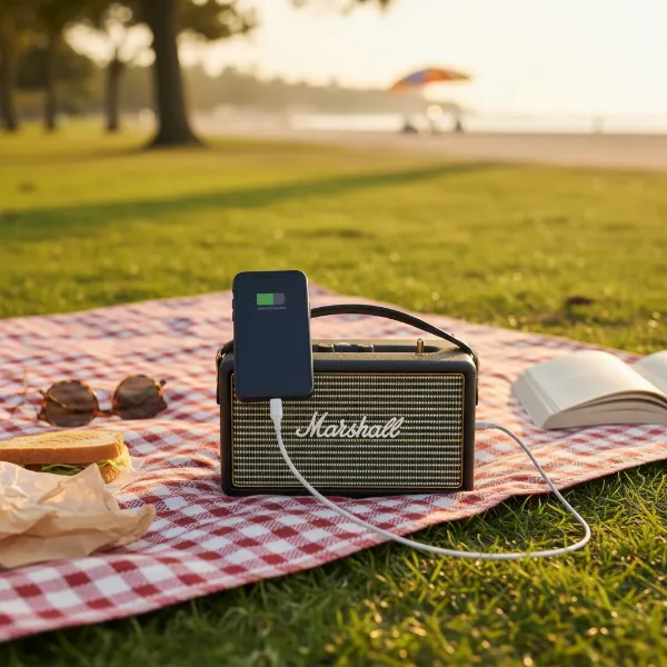 Marshall Middleton speaker charging a smartphone via its USB-C power bank feature outdoors.