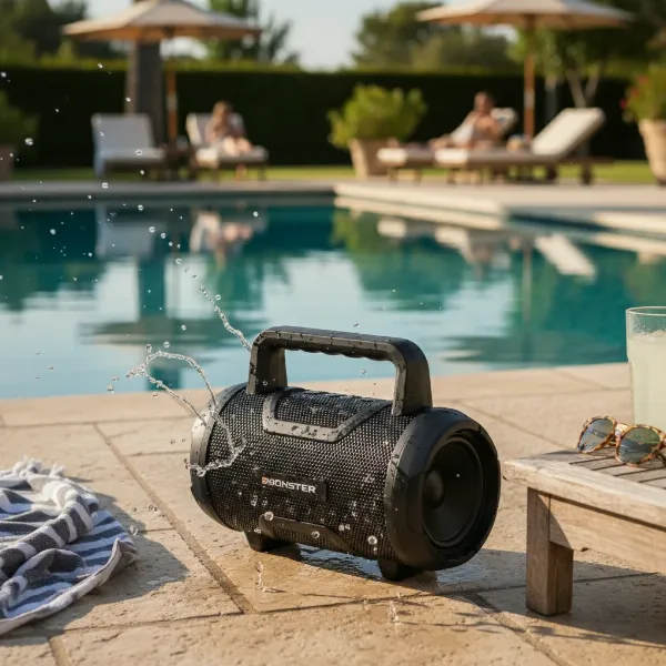 Monster Blaster 3.0 speaker outdoors near a pool, showing its IPX5 water resistance with light splashes.