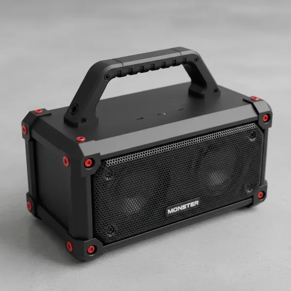 Monster Blaster 3.0 triangular tube design, black with red screws, showcasing rugged retro modern aesthetic.