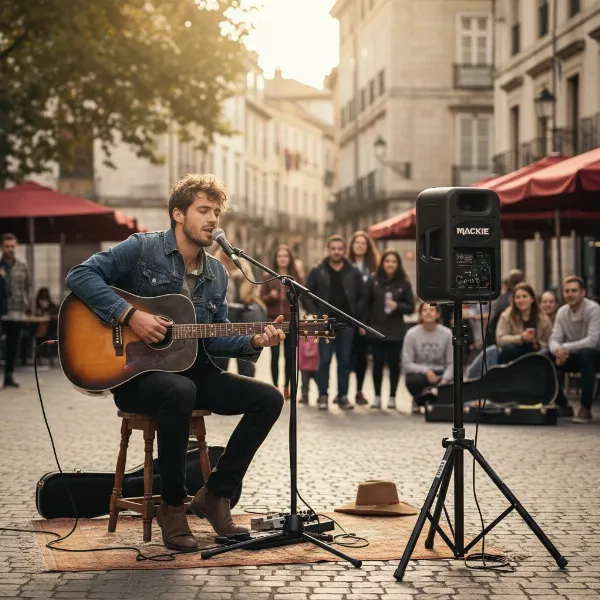 Musician performing outdoors with Mackie FreePlay LIVE, guitar, and microphone connected.