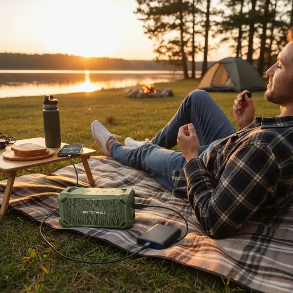 Person charging a durable Bluetooth speaker outdoors, illustrating battery life optimization