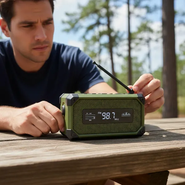 A person adjusting an extendable antenna on a portable Bluetooth speaker outdoors, seeking optimal FM reception.