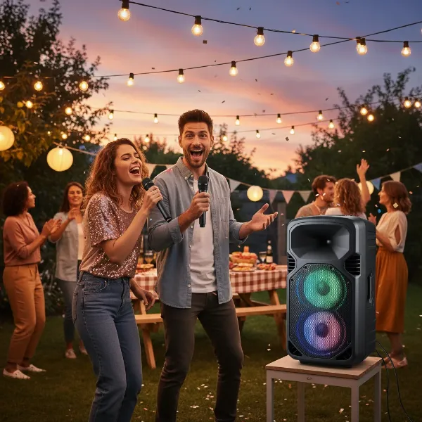 People singing karaoke with wireless microphones connected to an outdoor party speaker.