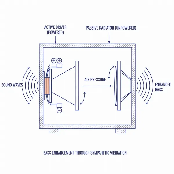Diagram showing how a passive radiator works in a sealed speaker enclosure with an active driver.