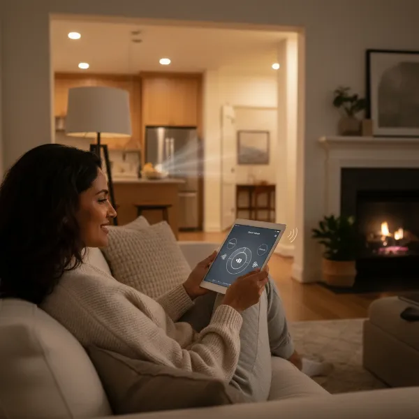 A person comfortably controls multi-room music using a tablet, enjoying synchronized sound throughout their modern home.