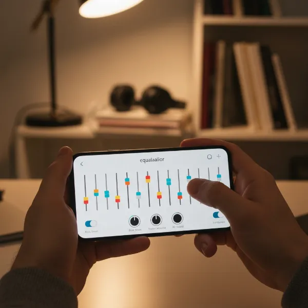 Person using a mobile equalizer app to adjust sound settings on their smartphone.