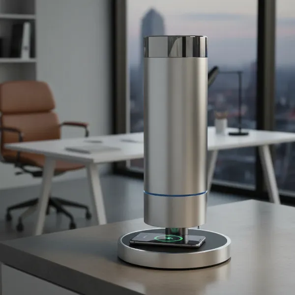 Porsche Design PDS50 speaker with integrated Qi wireless charging surface at its base.