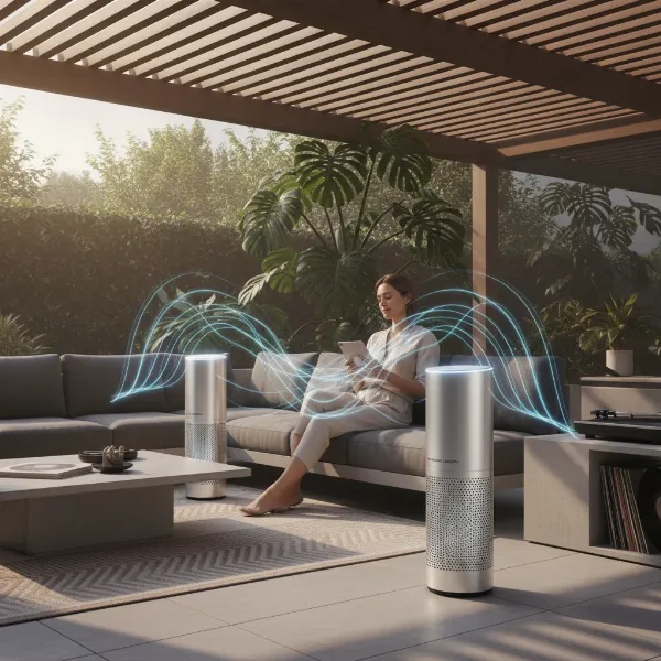 Two Porsche Design PDS50 speakers paired for True Wireless Stereo experience, in a modern room.