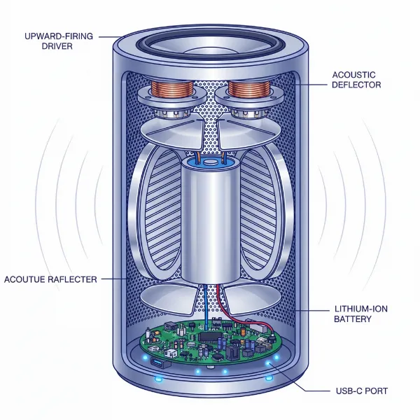 Cutaway view of a portable 360-degree speaker showing internal drivers and radiators.
