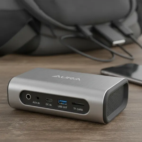 A compact portable Bluetooth speaker with various input ports, showcasing its versatility for different audio sources.