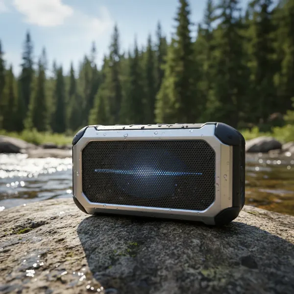 Portable Bluetooth speaker playing music outdoors near water.