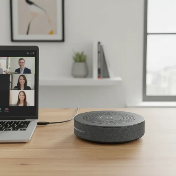 A portable Bluetooth speakerphone on a desk next to a laptop, highlighting its compact and professional design.