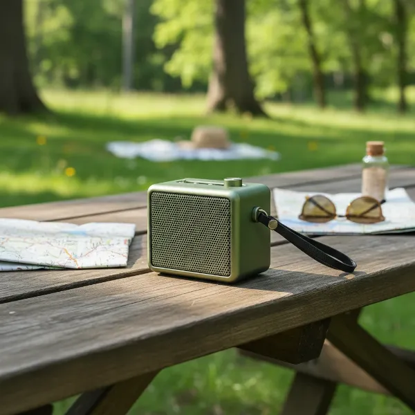 Compact Muzen OTR Metal speaker on a picnic blanket outdoors, showing its portability.