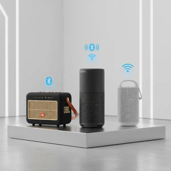 Three different portable smart Bluetooth speakers with Google Assistant, showing their compact designs.