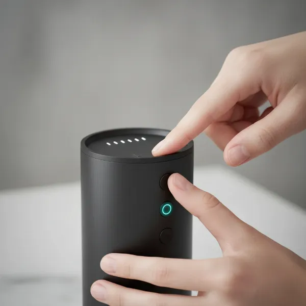 Hands pressing combination buttons on a Bluetooth speaker to perform a factory reset.