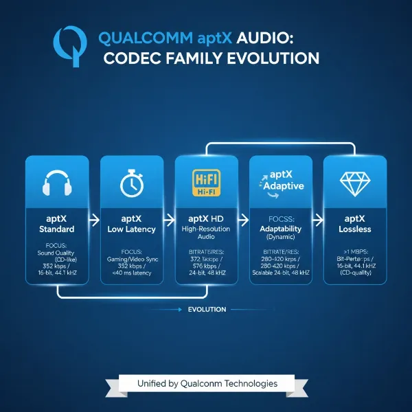 Visual representation of the Qualcomm aptX codec family, highlighting different versions and their key features.