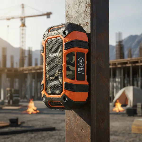 Durable, waterproof magnetic speaker securely attached to a metal beam in a rugged outdoor environment.