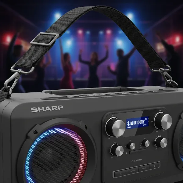 Sharp GX-BT9X boombox, matte black, LED lights, carrying strap, robust design.
