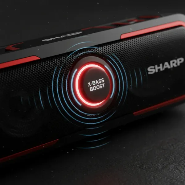 Hand pressing X-BASS Boost button on Sharp GX-BT9X, emphasizing bass enhancement.