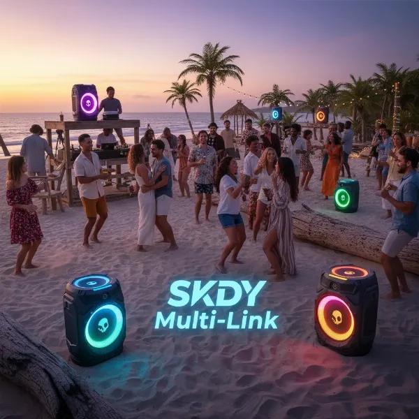 Multiple Skullcandy Barrel speakers connected together using SKDY Multi-Link technology in an outdoor party setting.