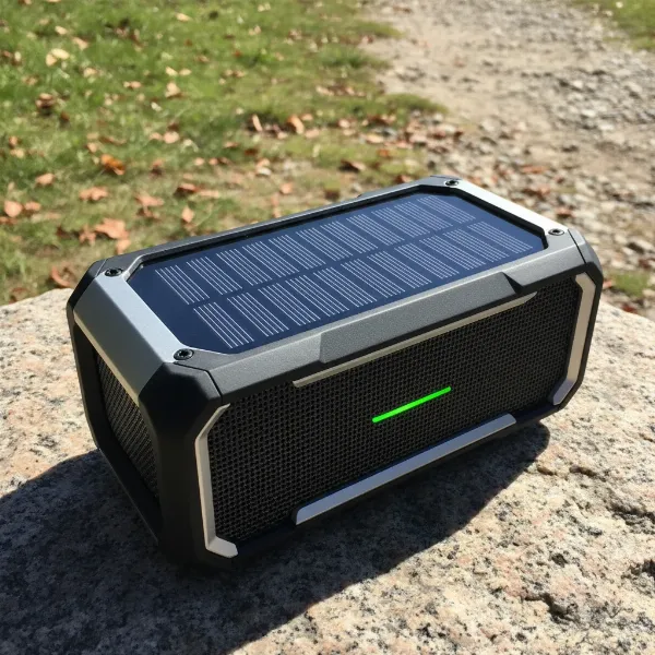 A solar-powered Bluetooth speaker positioned directly under bright sunlight for efficient battery charging in an outdoor setting.