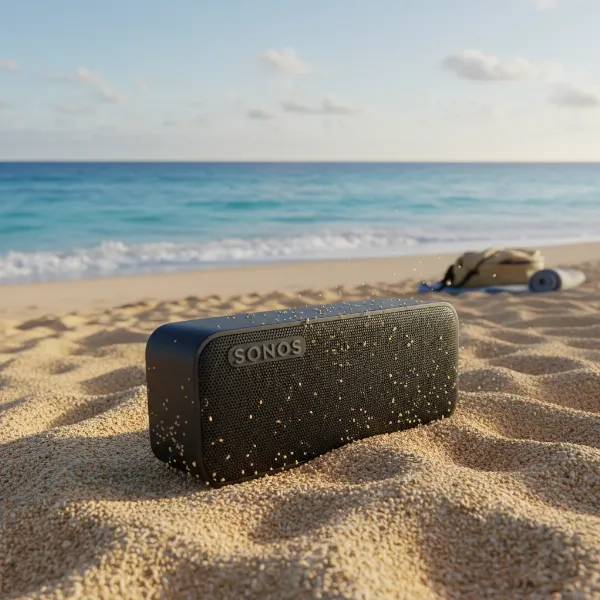 Sonos Roam 2 speaker outdoors on a beach with water in background