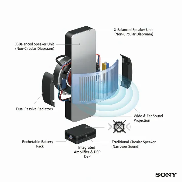 Diagram showing Sony's Line-Shape Diffuser and X-Balanced Speaker Unit for audio projection.