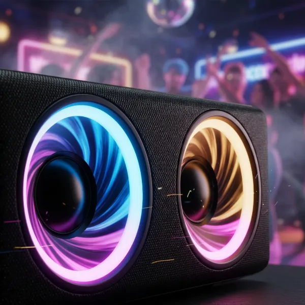 Sony SRS-XG300 with ambient LED lights pulsing, showcasing party light effects.