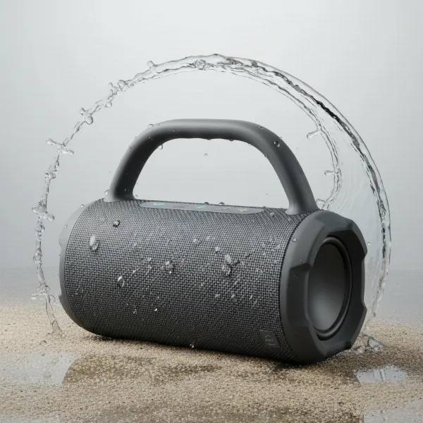 Sony SRS-XG300 portable speaker with retractable handle, showing dust and water resistance.