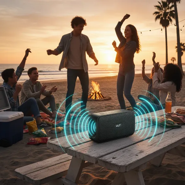 Sony ULT Field 1 speaker in use, powerful bass, ULT Power Sound mode, outdoor party setting.
