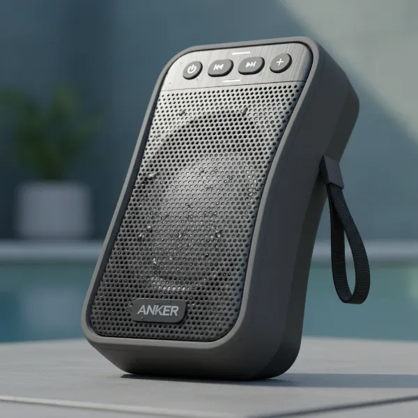 Anker Soundcore Motion+ speaker showcasing its sleek design and portability with a subtle upward tilt.