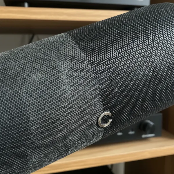 Close-up of a speaker mesh, half clean, half dusty, demonstrating the visual and acoustic benefits of cleaning.