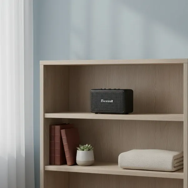 A portable speaker in a cool, shaded environment, avoiding extreme temperatures for battery health.