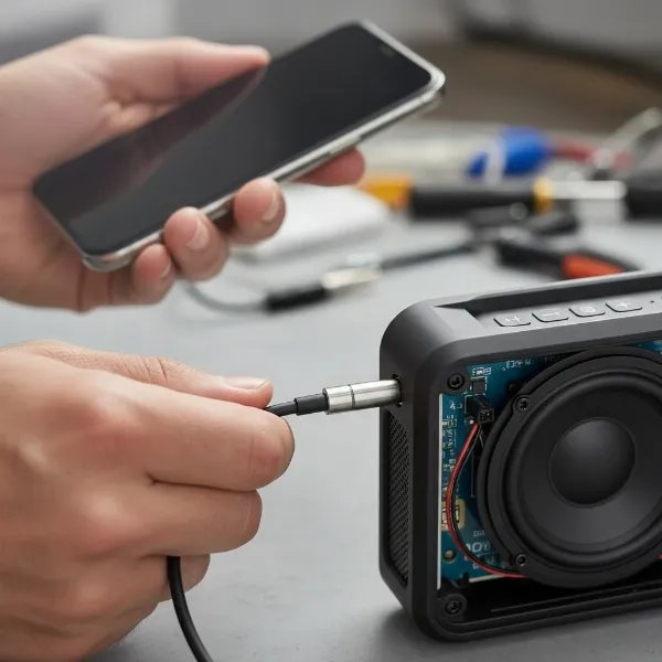 Person testing a Bluetooth speaker with an AUX cable to bypass wireless issues.