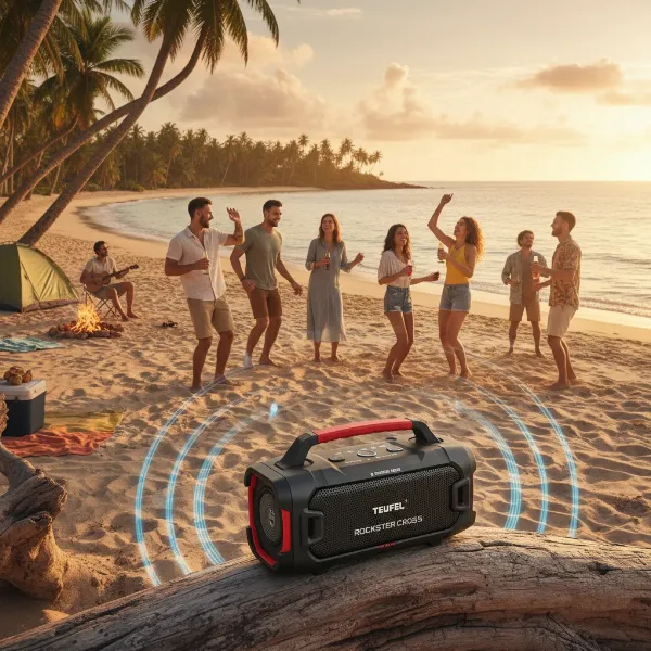 Teufel Rockster Cross speaker delivering powerful sound in an outdoor setting.