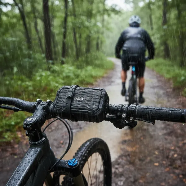 Tribit StormBox Micro 2 speaker securely mounted on a bicycle handlebar during a rainy ride.