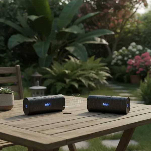 Two Tribit XSound Go speakers wirelessly paired for True Wireless Stereo sound