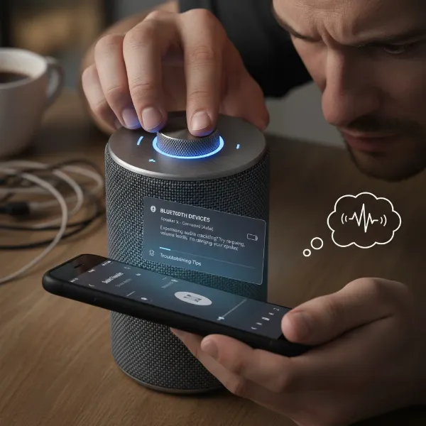 person troubleshooting bluetooth speaker crackling by adjusting volume or checking connection